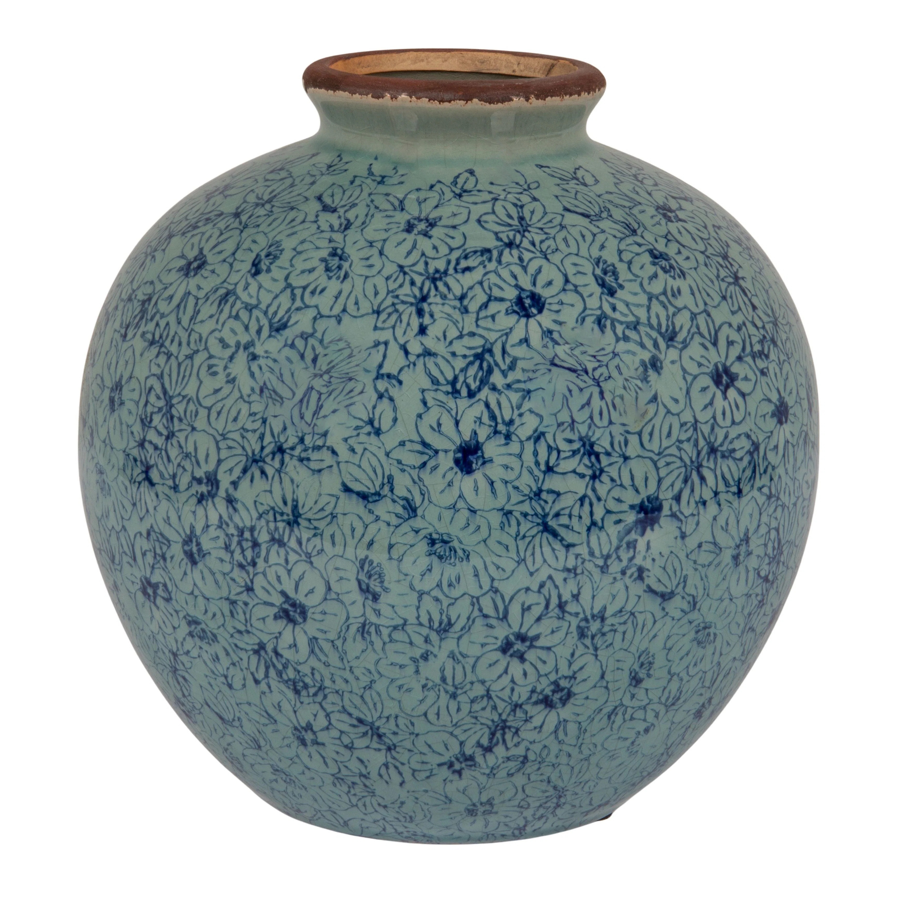 Dolohov Round Decorative Terra-cotta Vase with Transferware Pattern | Wayfair North America