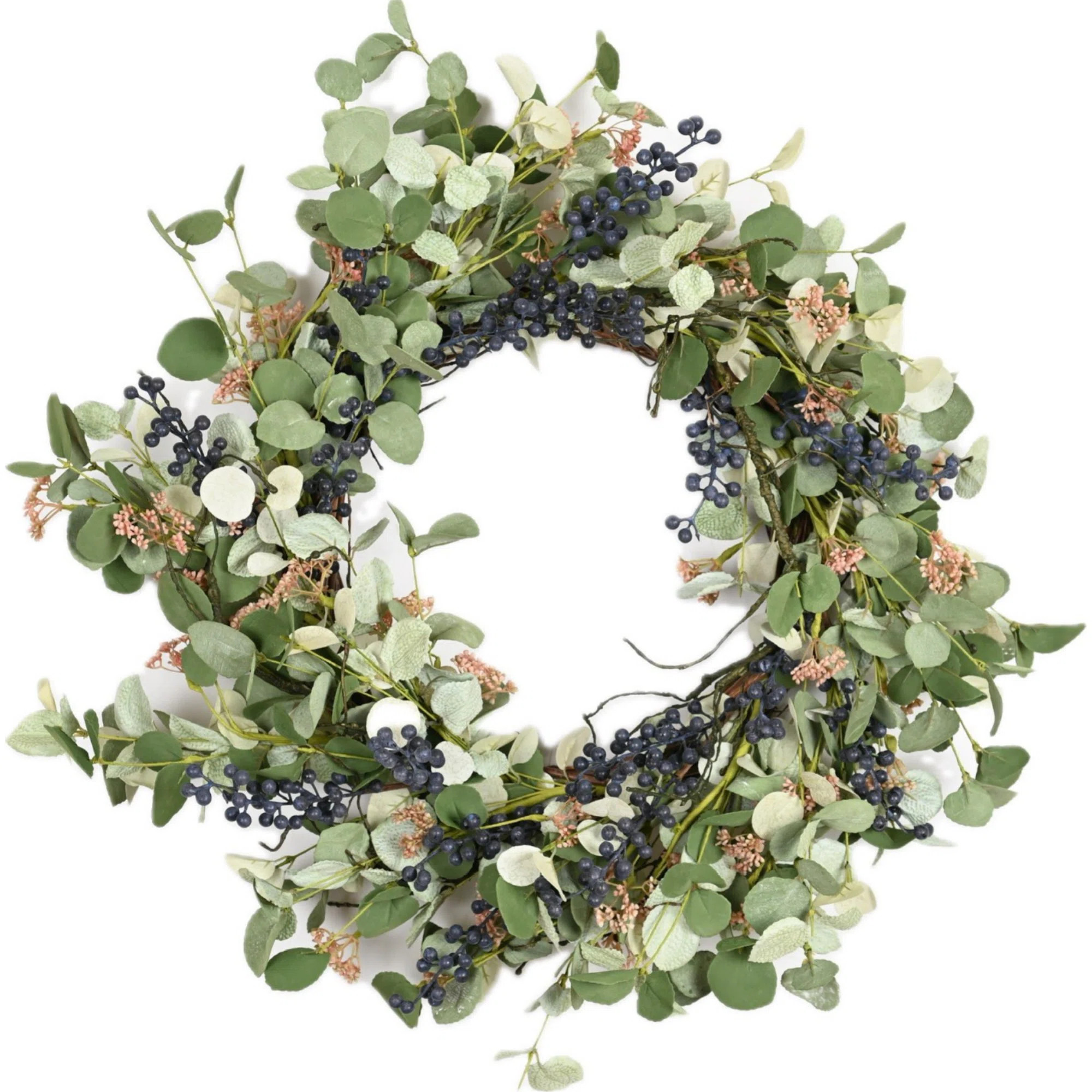 24" Farmhouse Artificial Eucalyptus Berry Spring Summer Wreath For Front Door | Wayfair North America