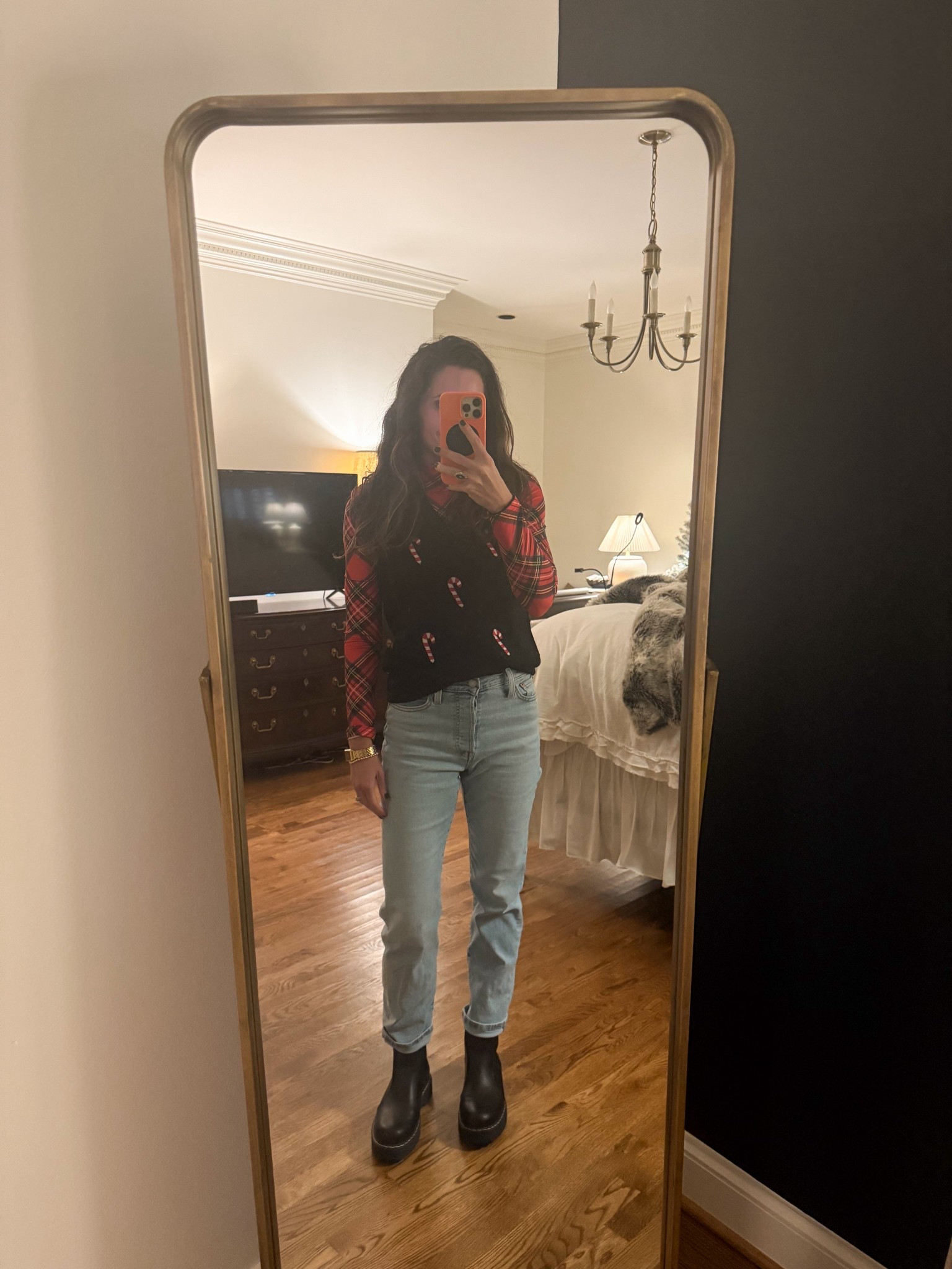Size up one on jeans. Everything else TTS.  wearing a small in the vest. The plaid turtleneck is SHEIN last year and couldn’t find a link so linked a similar one 

#LTKOver40 #LTKHoliday #LTKSeasonal
