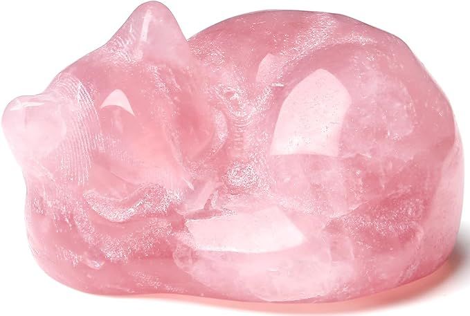 QINJIEJIE Rose Quartz Cat Decor Pink Gift Crystals Sleeping Cat Statue Stone Figurine Carved Poli... | Amazon (US)
