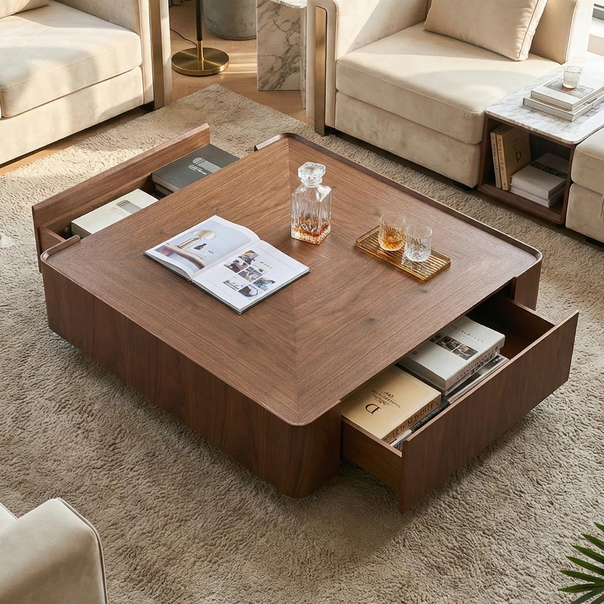 39.4" Square Walnut Veneer Coffee Table with 2 Storage Drawers – Modern Minimalist Design for L... | Wayfair North America