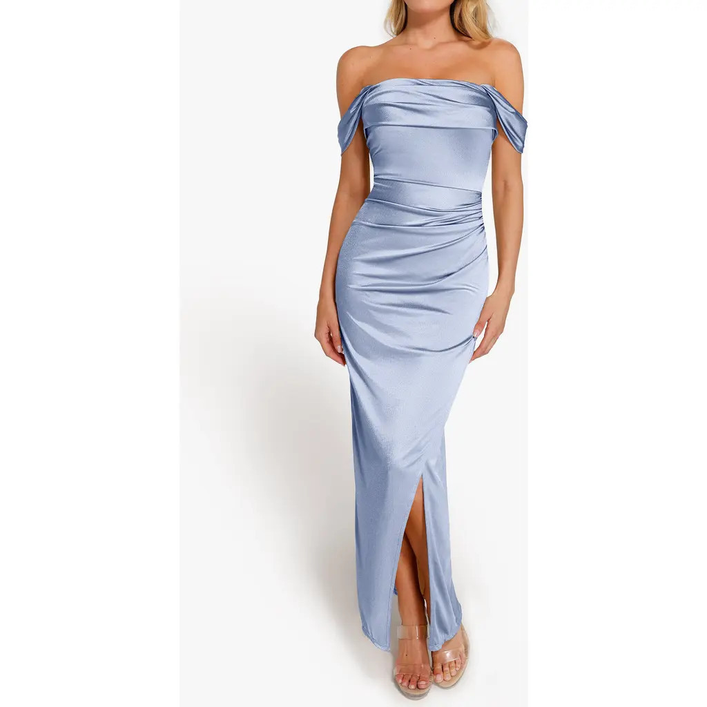 Popilush Shapewear Off Shoulder Shine Ruched Sculpting Maxi Dress in Powder Blue at Nordstrom, Size X-Small | Nordstrom