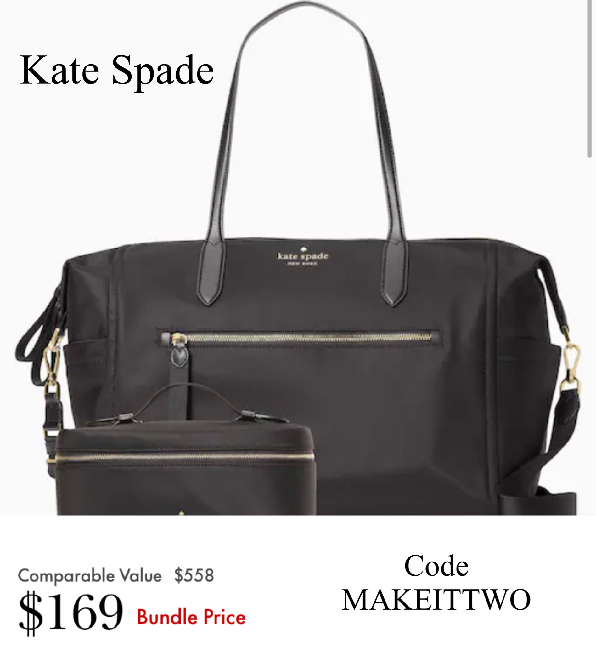 This is an awesome deal! Regularly $558, you can get BOTH this Kate Spade weekend bag AND the matching cosmetic bag for only $169 with code MAKEITTWO at checkout. 
Free shipping!!
This would make a great holiday gift! #designer #designerbag #designersale #clearance #giftsforher #giftsformom #holidaygiftguide #christmasgifts #hannakahgifts

#LTKitbag #LTKsalealert #LTKHoliday