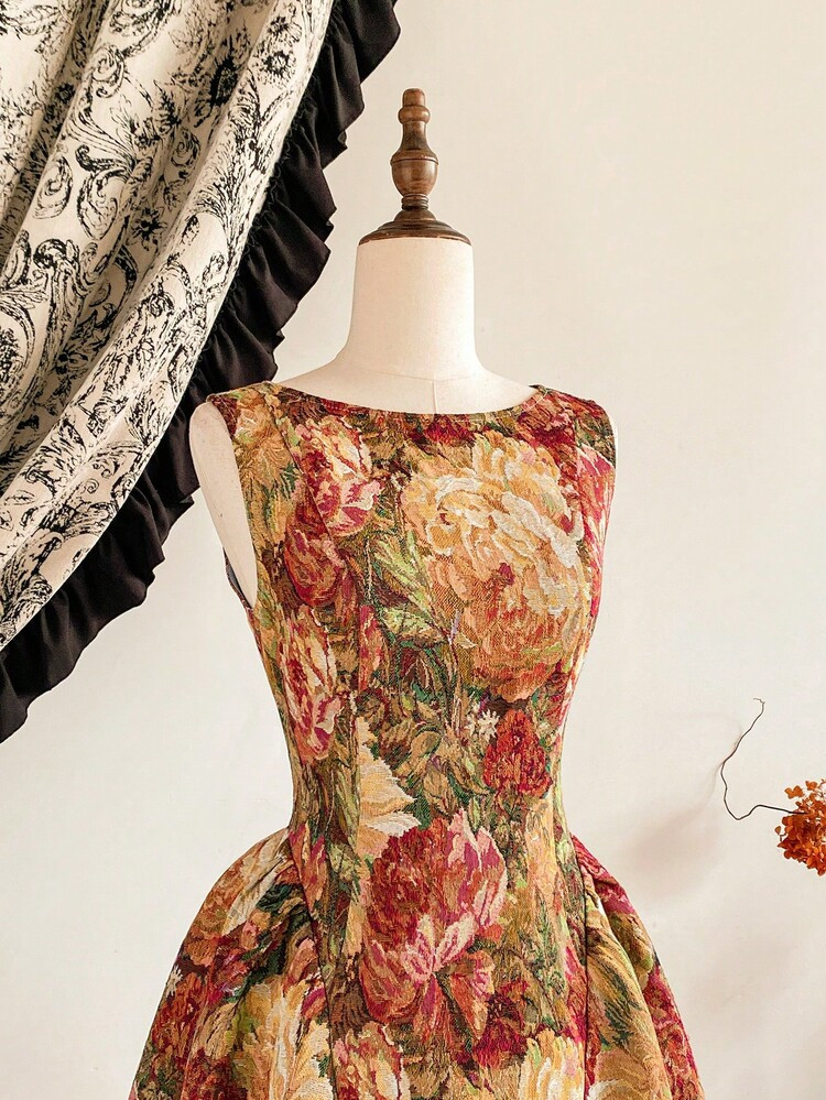 Vintamour Vintage Elegant Women's Dress Floral Oil Painting Jacquard Texture Holiday Party Long D... | SHEIN