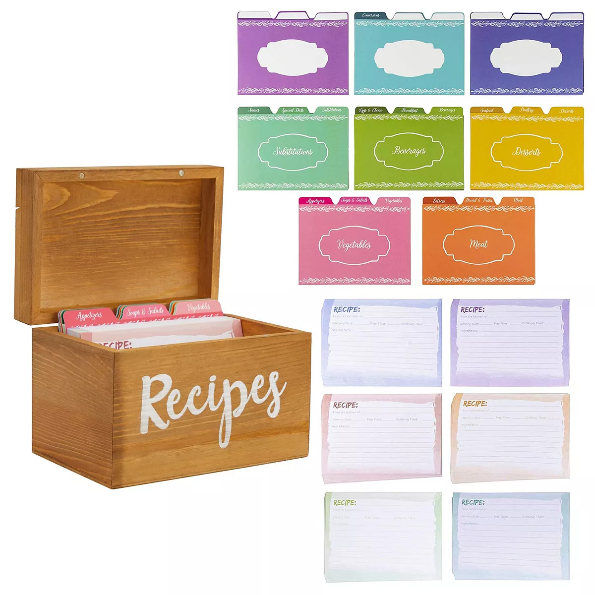 Wooden Recipe Box with 60 Blank 4x6 Cards and 24 Dividers with Tabs for Baking (7 x 5 x 5 In) | Kohl's