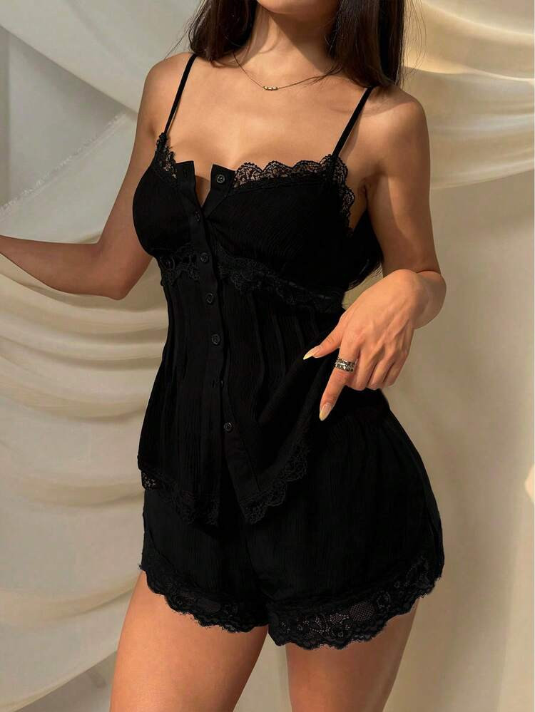 SHEIN EZwear Women's Black Lace Patchwork Camisole And Shorts 2 Pieces Set | SHEIN