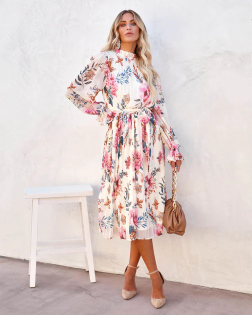 Quiet Escape Floral Pleated Midi Dress - Ivory | VICI
