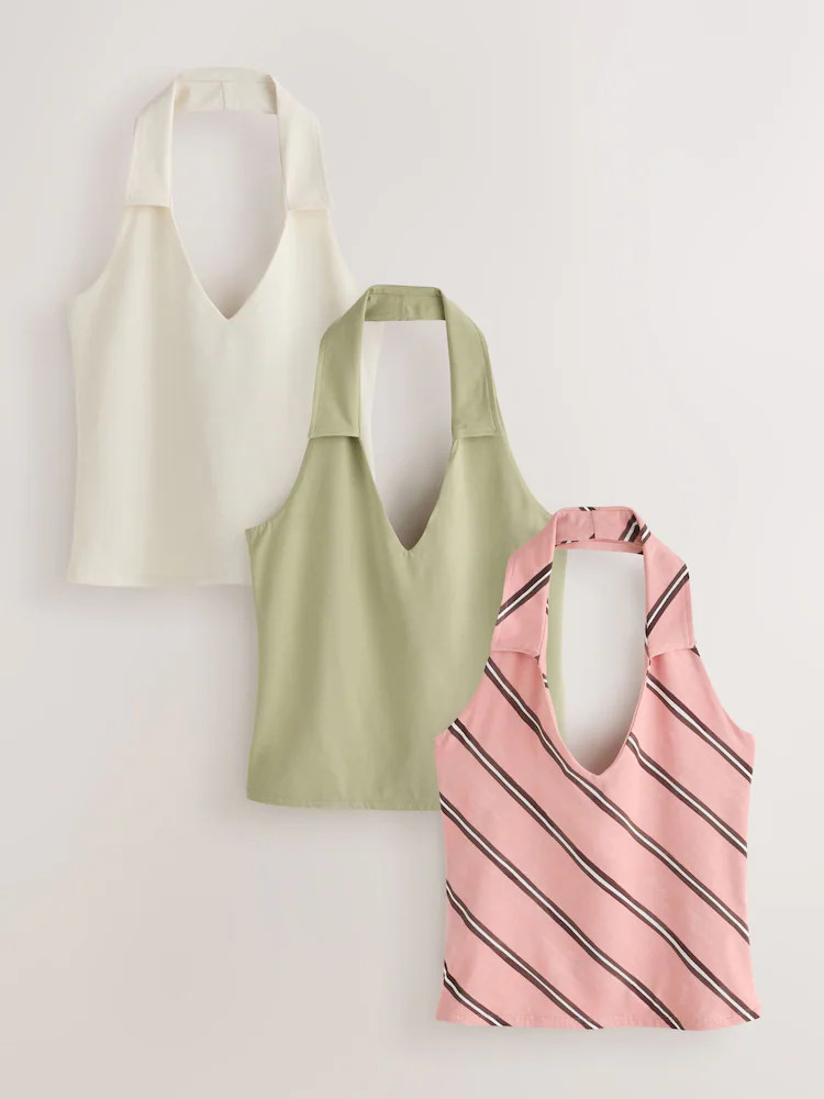 Green/Stripe/Ecru Halter Neck Tops 3 Pack | Next EU