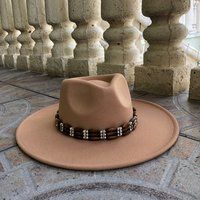 Fedora Hat, Camel Wide Brim Vegan Felt Rancher Flat Stiff Brim, 3 Strand Beaded Hat Band Fedora For  | Etsy (US)