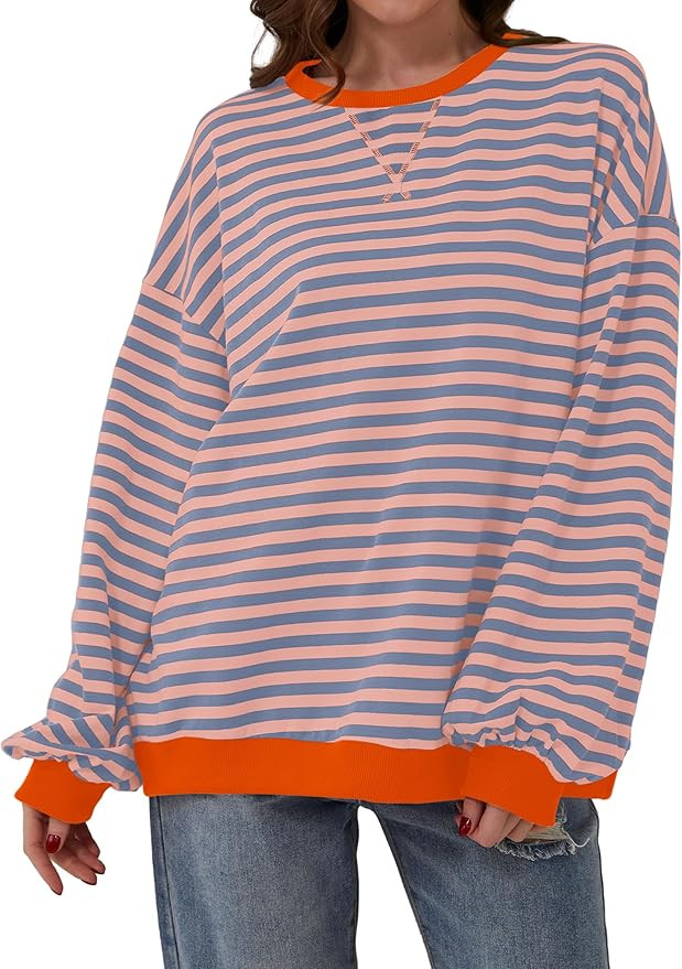 Women Oversized Striped Color Block Long Sleeve Crew Neck Sweatshirt Casual Loose Pullover Y2K Sh... | Amazon (US)
