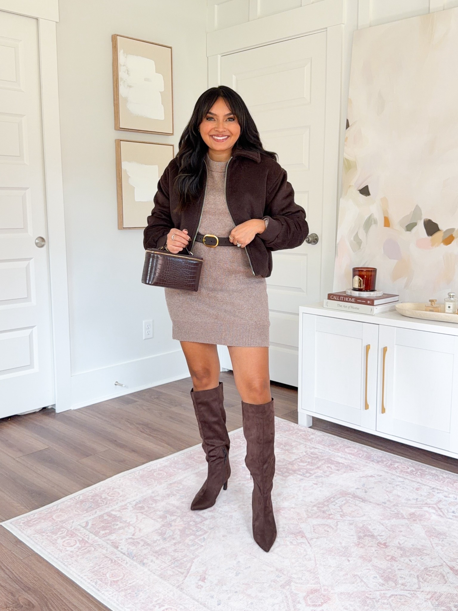 Tan driftwood heather color sweater dress size xs petite TTS
Dark brown coffee color bubble jacket size xxs regular TTS
Dark brown belt size 27”-31” TTS
Brown boots size 5.5 TTS


#LTKSaleAlert #LTKPetite #LTKStyleTip