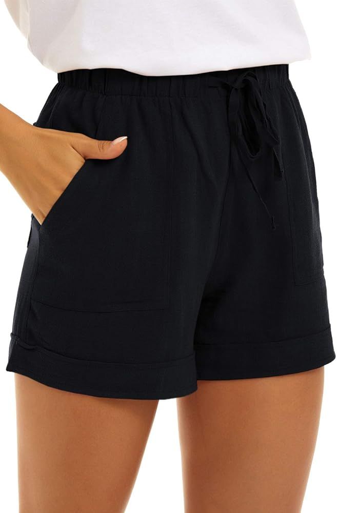 Women Cotton Shorts with Pockets Summer Elastic Waist Drawstring Pull On Comfy Drawstring Linen S... | Amazon (US)