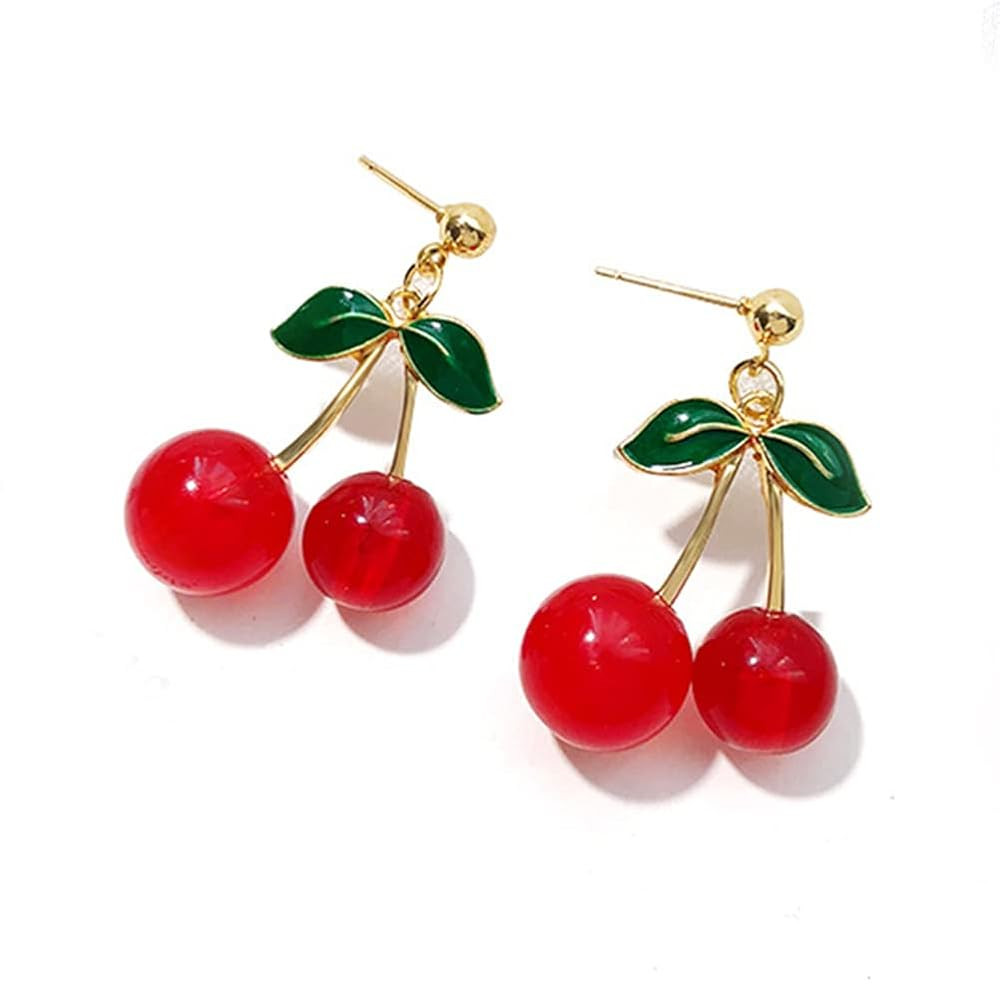 Handmade Creative Light Weight 3D Red Fruits Earrings Plated Sweet & Green Crystal Leaf Lovely Ch... | Amazon (US)