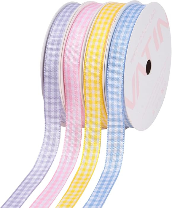 VATIN 4 Rolls 3/8 Inch Gingham Ribbons Set, Total 60 Yards, Lt.Pink/Lt.Blue/Lt.Purple/Yellow – ... | Amazon (US)