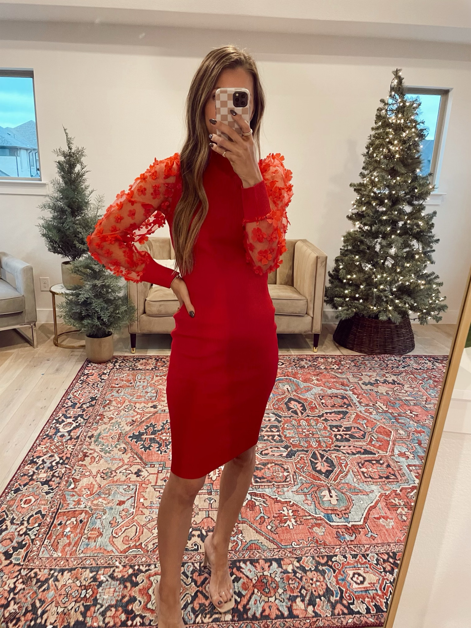 christmas jumpers dresses Christmas Tree Round Neck Sweater Dress Orange-Red / XL