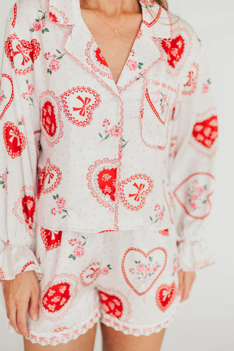 Amora Satin Pajama Set in White/Light Pink/Red | Worth Collective