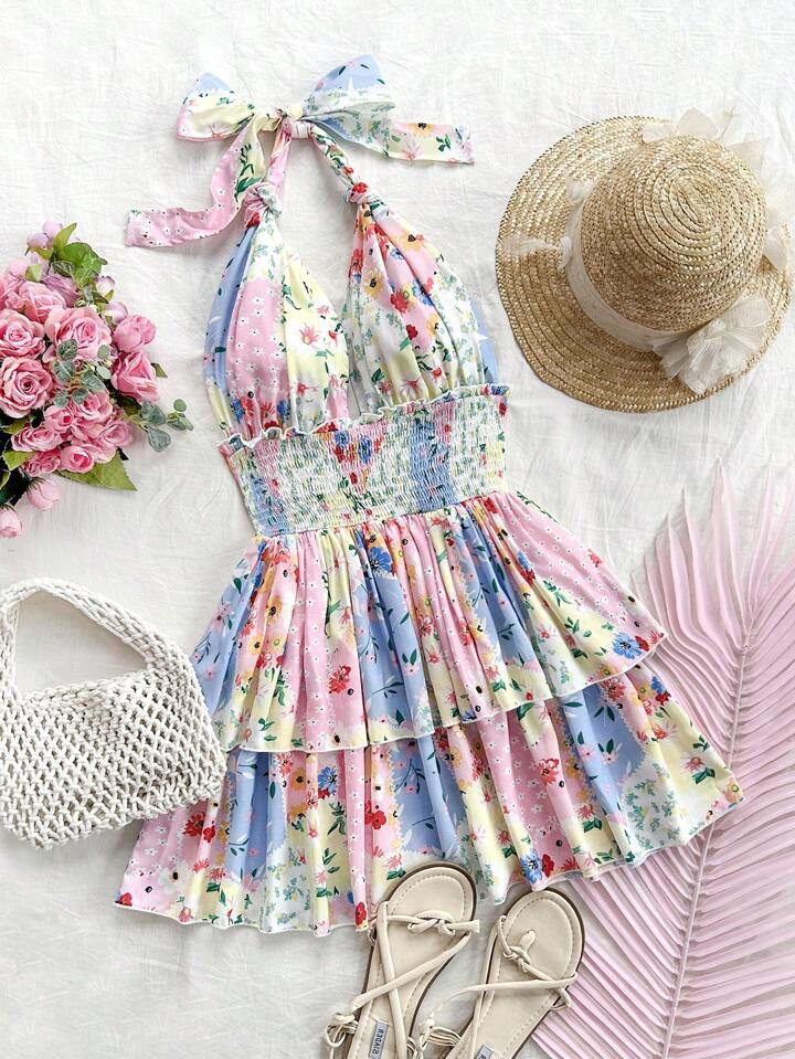 SHEIN WYWH Multi-Color Block Patchwork Retro-Floral Country Style Vacation Romantic Casual Dress ... | SHEIN