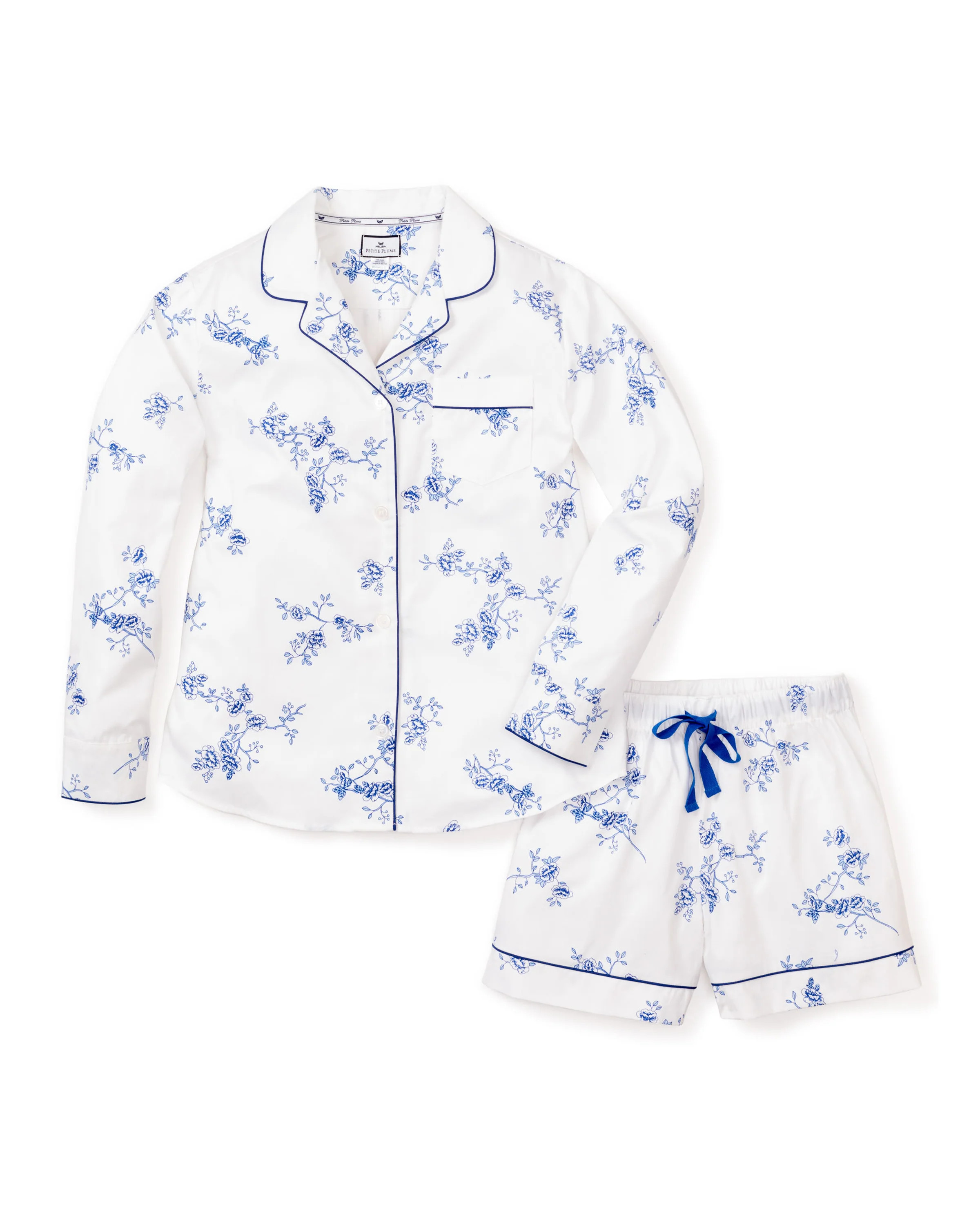 Women's Twill Long Sleeve Short Set in Indigo Floral | Petite Plume