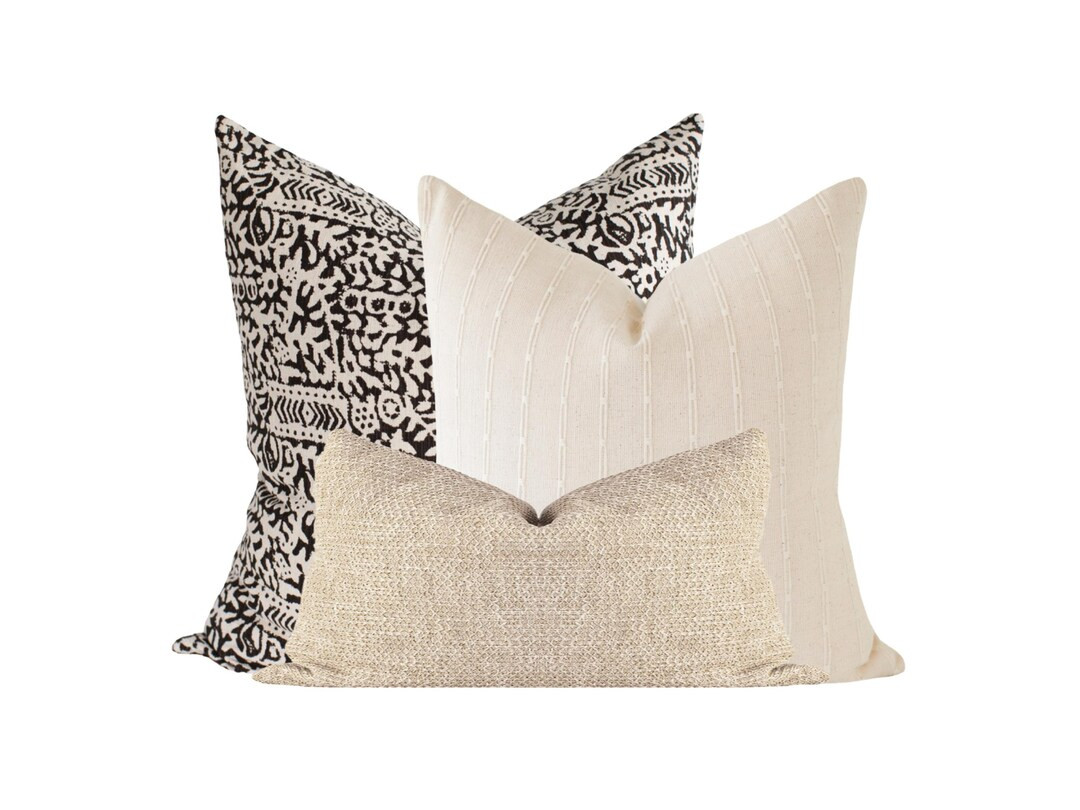 Throw Pillow Cover Set: Black Block Print, Cream Stripe, Tan Woven - Etsy | Etsy (US)