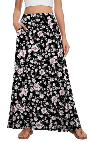 Leafsay Womens Maxi A-line Long Summer Skirt Elastic High Waist Flowy Skirt with Pockets(Black Pink Flower,2XL) | Amazon (US)