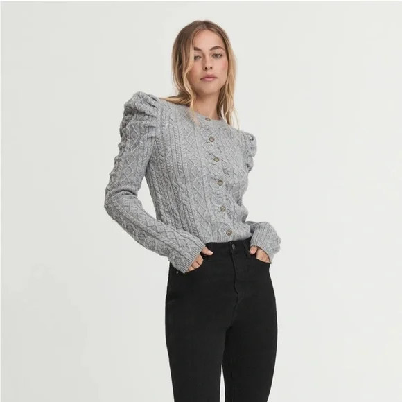 Something Navy Charlie Puff‎ Shoulder Cable Knit Cardigan Light Gray | Poshmark