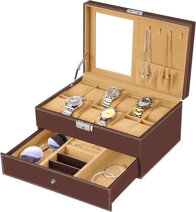 bestwishes Watch Box 12 Slots Watch Organizer Jewelry Display Case Organizer with Jewelry Drawer ... | Amazon (US)