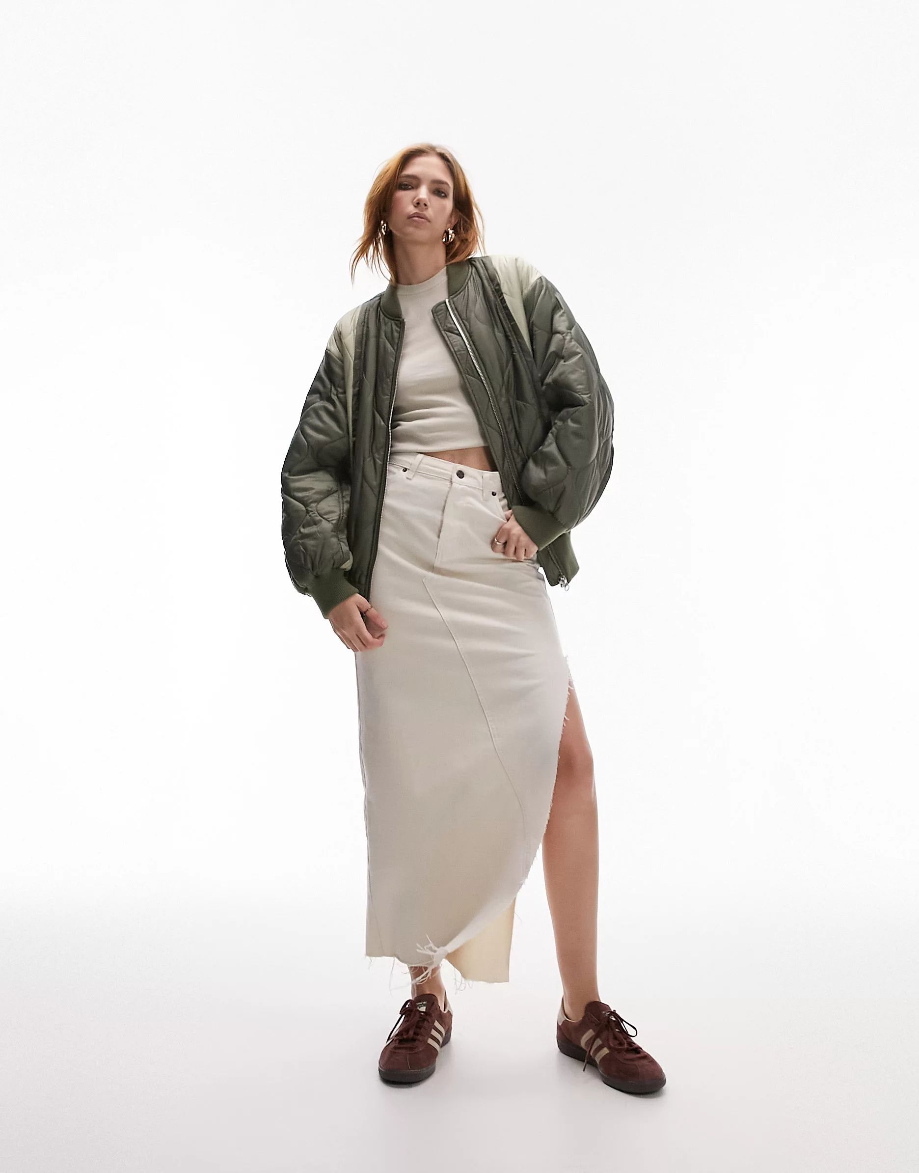 Topshop patchwork quilted bomber jacket in khaki | ASOS (Global)