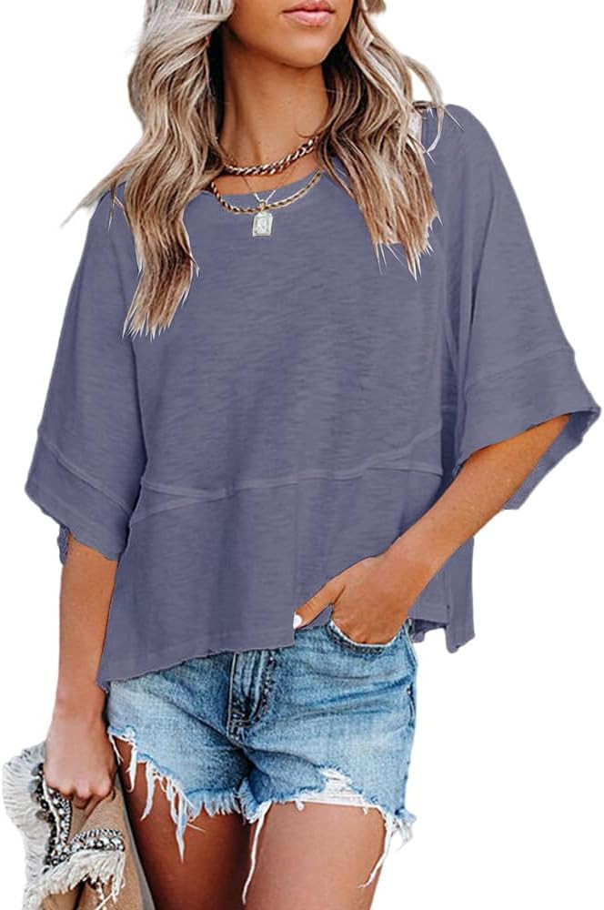 Women's Summer Casual Crewneck Batwing Half Sleeve T-Shirts Solid Color Loose Fit Cute Basic Flow... | Amazon (US)