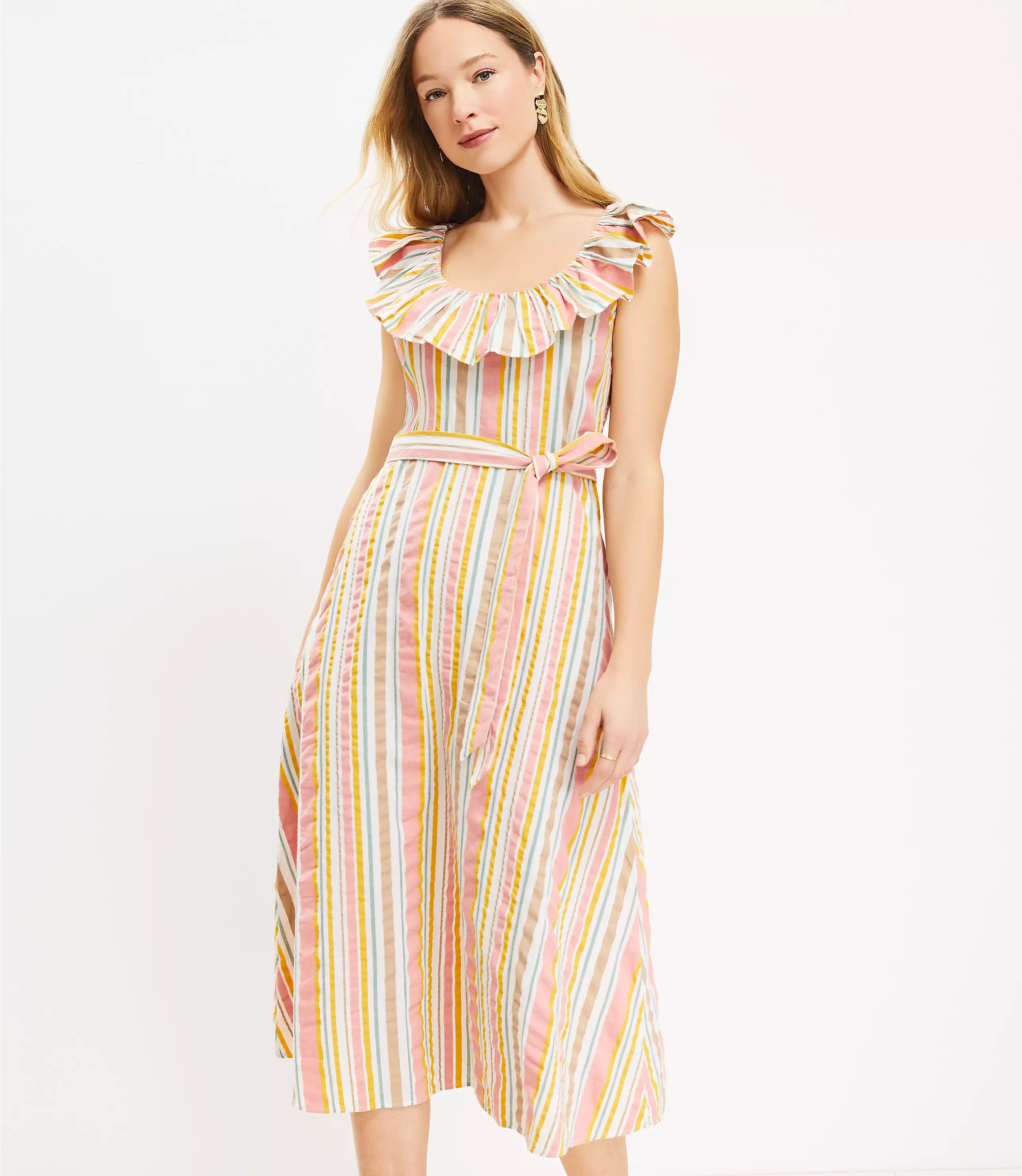 Striped Ruffle Scoop Neck Midi Dress | LOFT
