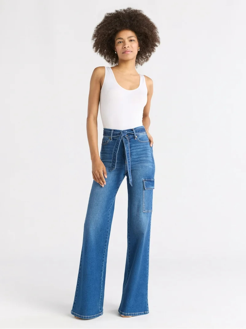 Sofia by Sofia Vergara Women's and Women's Plus Margot Wide Leg High Rise Cargo Jeans with Belt, ... | Walmart (US)