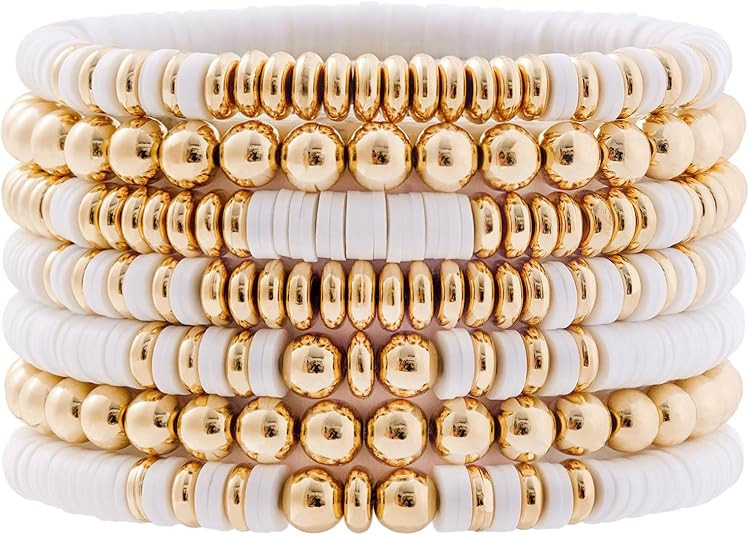 Surfer Heishi Clay Bead Bracelets for Women Bohemian Stackable Gold Plated Beaded Stretch Bracele... | Amazon (US)