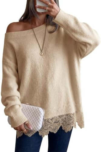 Saodimallsu Womens Lace Patchwork Sweater Long Sleeve Boat Neck Pullovers | Floral Hem, Convertib... | Amazon (US)