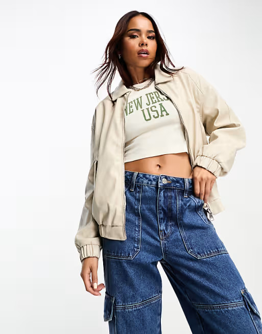 Bershka faux leather dad jacket in ecru | ASOS (Global)