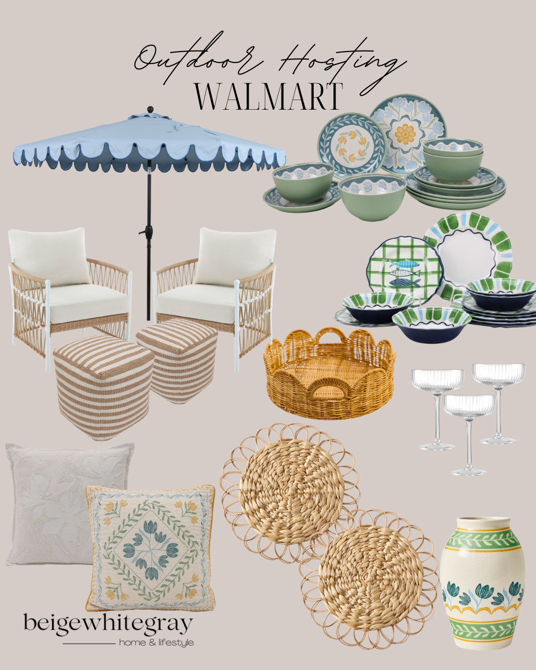 Outdoor Hosting Walmart, outdoor hosting, Walmart patio decor, blue patio umbrella, scalloped umbrella, woven patio chairs, striped ottomans, outdoor entertaining, melamine dinnerware, outdoor dinnerware, blue outdoor plates, green dinnerware set, woven serving basket, wicker tray, outdoor drinkware, coupe glasses, decorative throw pillows, patio styling, outdoor living ideas, summer hosting, affordable patio decor, Walmart home finds, coastal outdoor decor, woven placemats, decorative vase, backyard entertaining

#LTKSeasonal #LTKHome