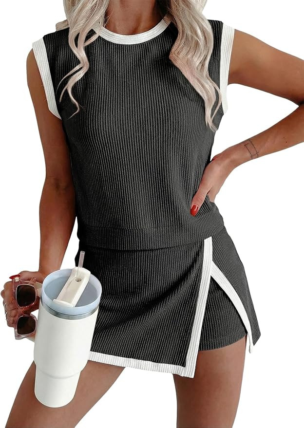 EVALESS 2 Piece Sets for Women Summer Outfits Ribbed Knit Tank Top and Split Lined Skirt Two Piec... | Amazon (US)