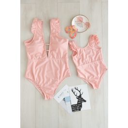 Solid Pink Ruffle Detail Swimsuit for Mommy & Kids | Chicwish