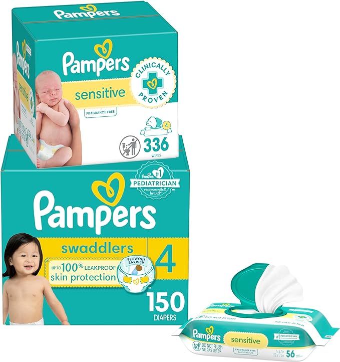 Pampers Swaddlers Disposable Baby Diapers Size 4, One Month Supply (150 Count) with Sensitive Wat... | Amazon (US)