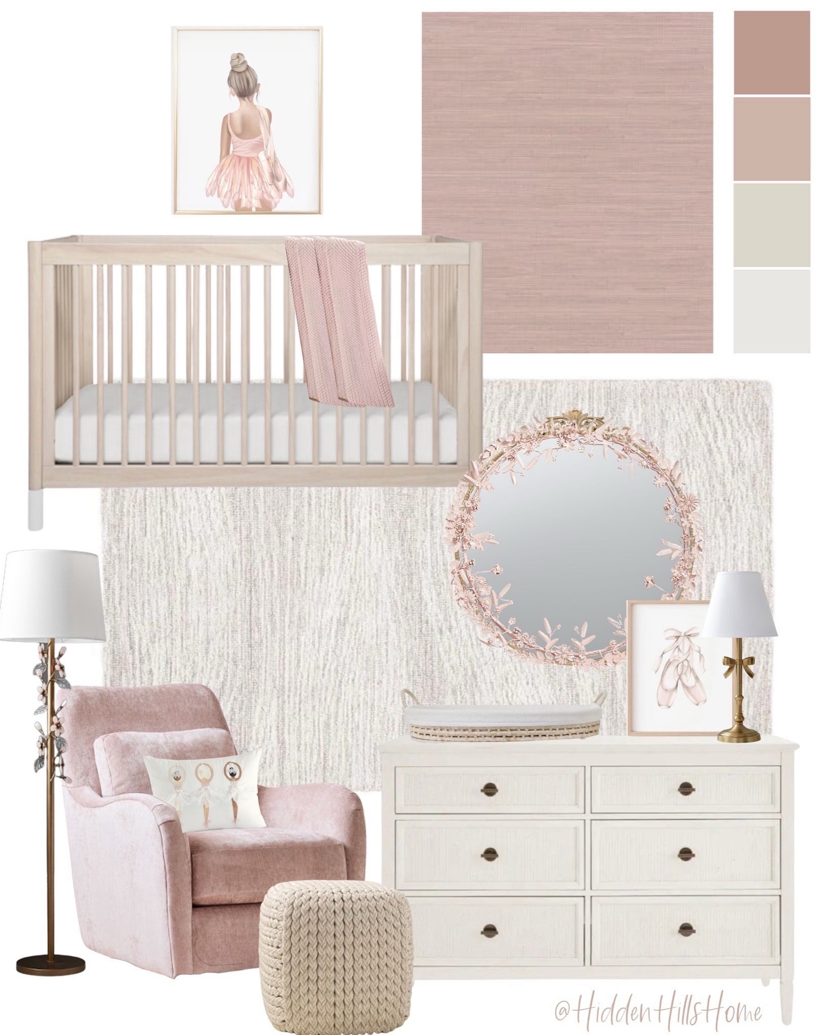 Baby girls room mood board, pink baby girls nursery, girls nursery design, modern transitional girls nursery mood board #nursery