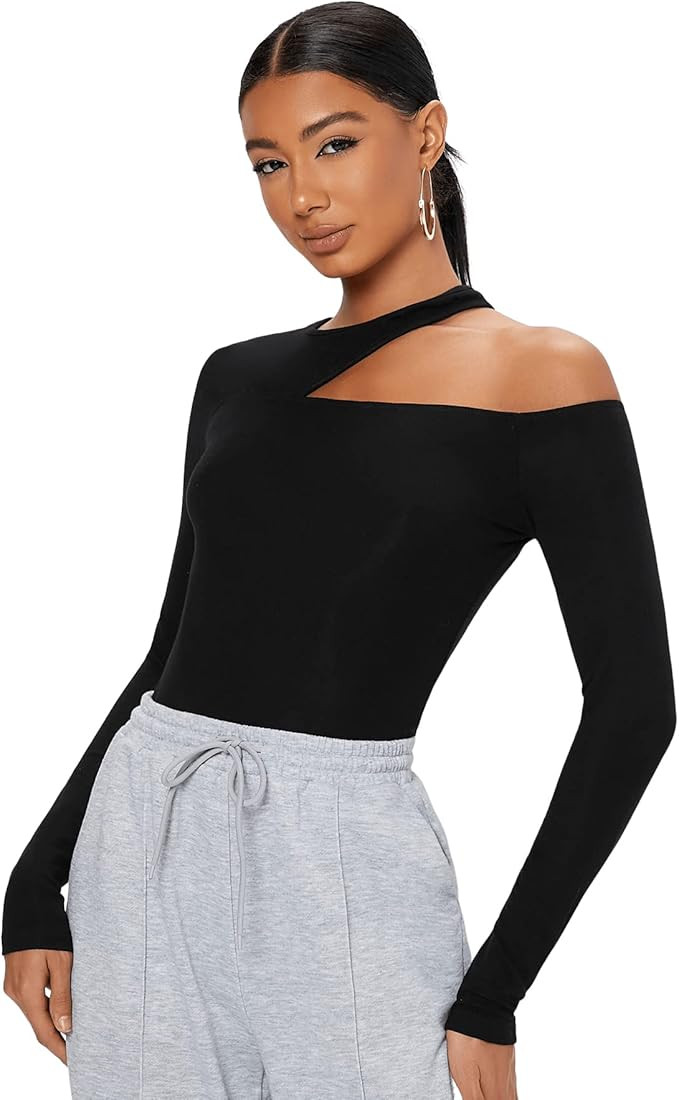Women's Asymmetrical One Shoulder Cut Out Tee Top Long Sleeve T Shirt | Amazon (US)