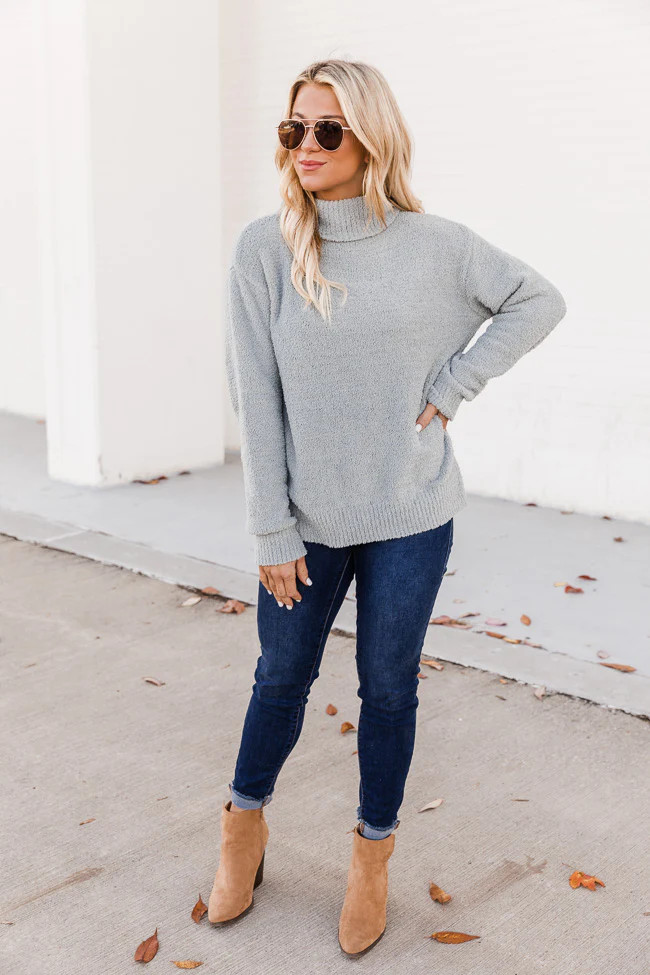 Taking The Lead Grey Fuzzy Turtleneck Sweater FINAL SALE | The Pink Lily Boutique