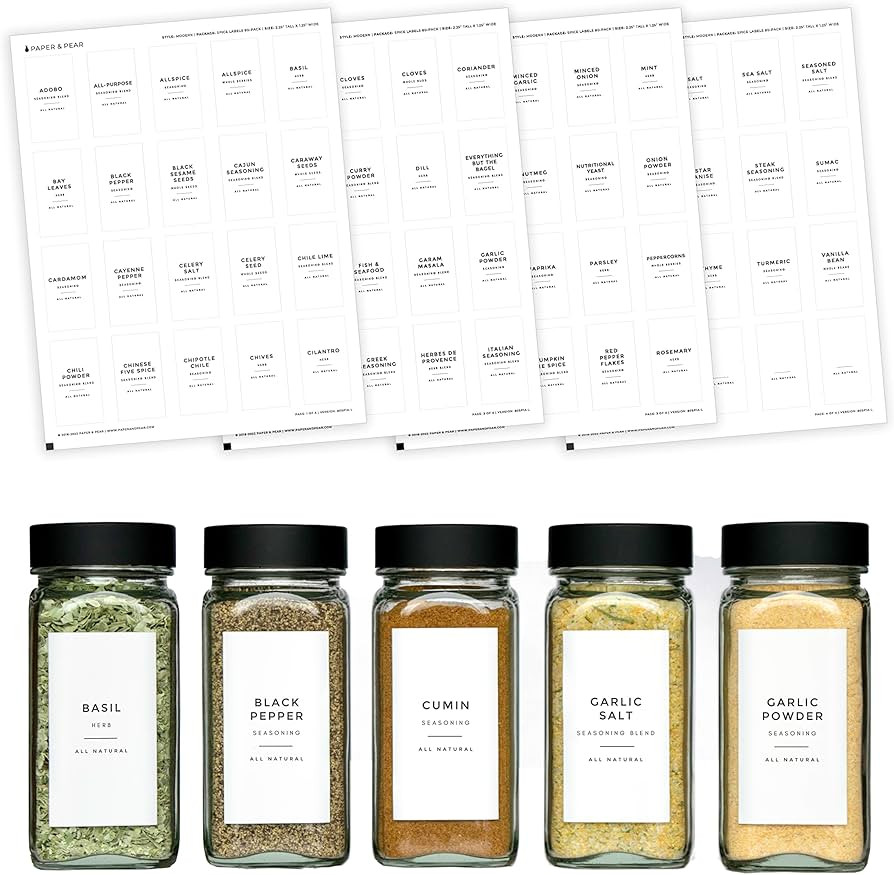 Modern White Spice Labels (no Jars) by Paper & Pear - Oil Resistant Kitchen Pantry Labels - 2.25"... | Amazon (US)