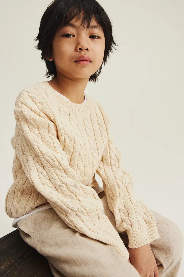 Cable-knit Cotton Sweater - Light beige - Kids | H&M US | H&M (US + CA)
