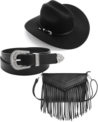 Cutecrop 3 Pcs Western Cowgirl Outfit for Women Cowboy Hat PU Leather Crossbody Tassel Purse Belt Cowgirl Costume Accessories(Black) | Amazon (US)