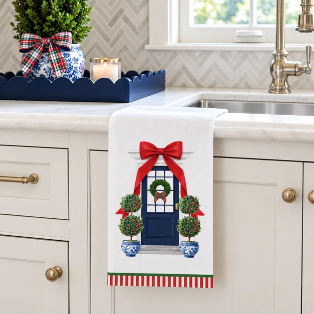 Christmas Bow Front Door Tea Towel | Cailini Coastal