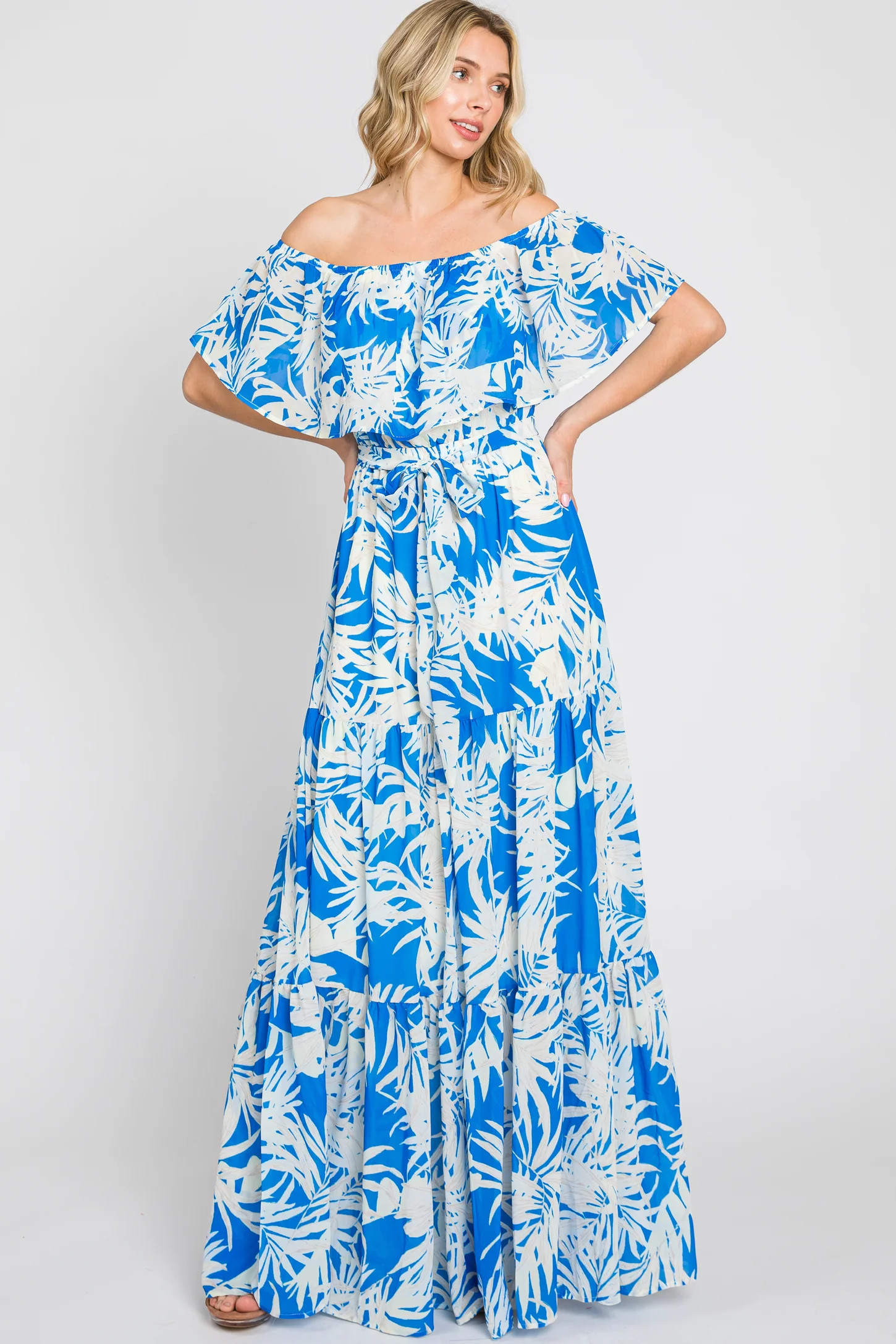 Blue Leaf Print Strapless Tiered Maxi Dress | PinkBlush Maternity
