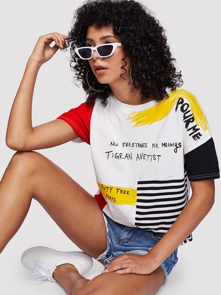 SHEIN Pour Me Graphic Colorblock Tee | SHEIN