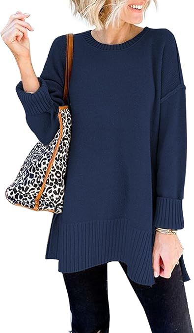 VTSGN Women's Crewneck Knit Sweater Long Sleeve Side Slit Pullover Sweater Tunic Tops | Amazon (US)