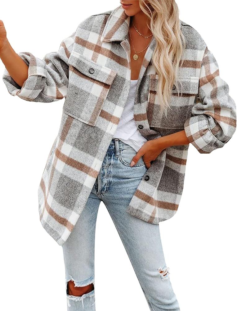 Yeokou Womens Fall Flannel Plaid Shacket Jacket Wool Blend Button Down Shirt Coat Tops | Amazon (US)