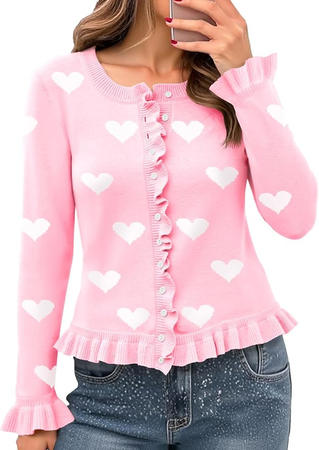 Saodimallsu Womens Ruffle Cardigan Sweaters Button Up Crew Neck Long Sleeve Cropped Sweater Cute ... | Amazon (US)