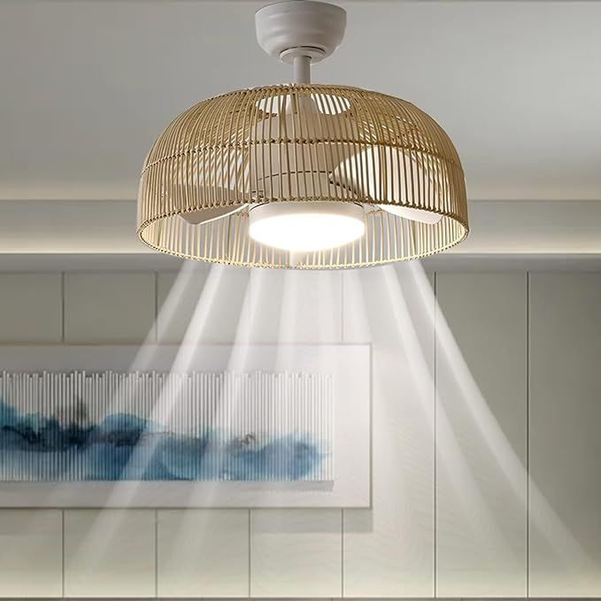 18w LED 21 Inches Smart Wooden Wicker Semi Flush Mount Ceiling Fan with Light .Farmhouse Rattan W... | Amazon (US)